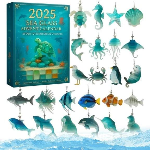 2025 Sea Glass Marine Life Advent Calendar, 24 Unique Ocean Themed Handcrafted Ornaments , Coastal Christmas Decor, for Kids & Collectors