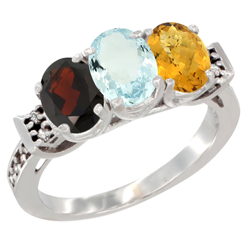 14K White Gold Natural Garnet, Aquamarine & Whisky Quartz Ring 3-Stone 7x5 mm Oval Diamond Accent, sizes 5 10 by WorldJewels