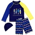 thumbnail image 1 of vigerkar Boys Elastic Cartoon Siwmsuit 2pcs Swim Trunk and Rashguard Set with Swim Cap (Dark Blue, 12-13 Years), 1 of 8