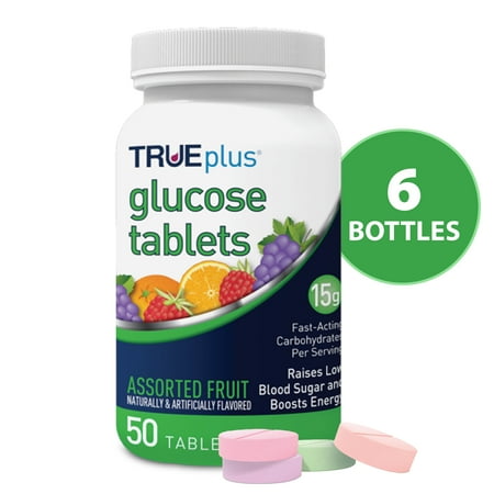 TRUEplus® Glucose Tablets, Assorted Flavor (Grape, Raspberry, Orange) - 50ct Bottle - 6 Pack