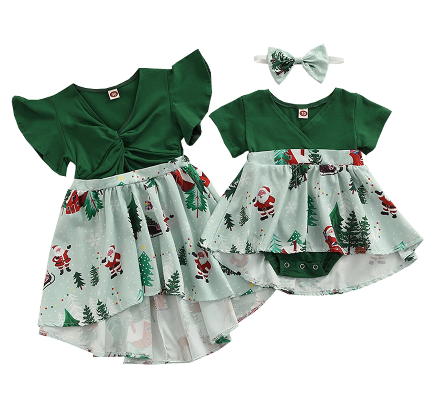 Andannby Little Sister Matching Christmas Dress Big Girl Green Santa Print Ruffle Playwear Holiday Xmas Dresses