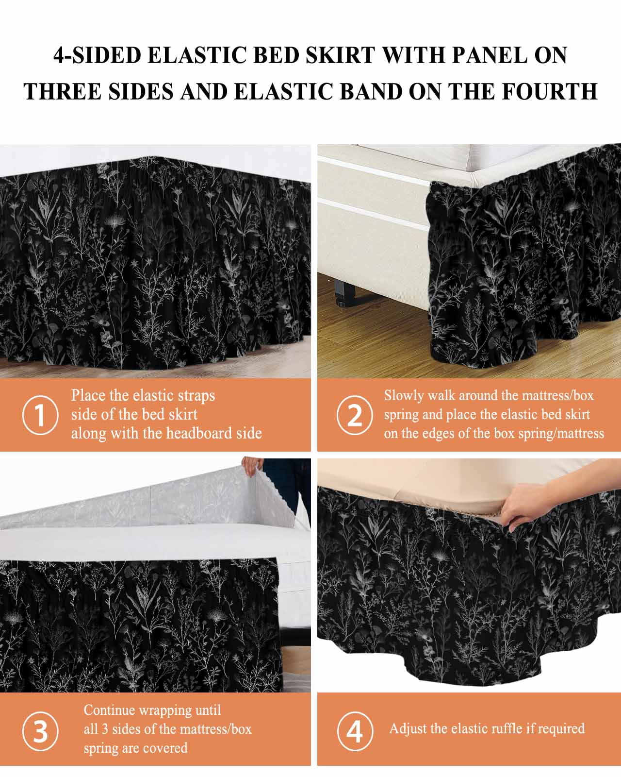 Black Spring Floral Wrap Around Bed Skirts for California King Bed 18" Drop,Bed Skirt with Adjustable Elastic Belt Dust Ruffle Bed Valance for Bedroom Vintage Botanical Watercolor Bed Frame Cover