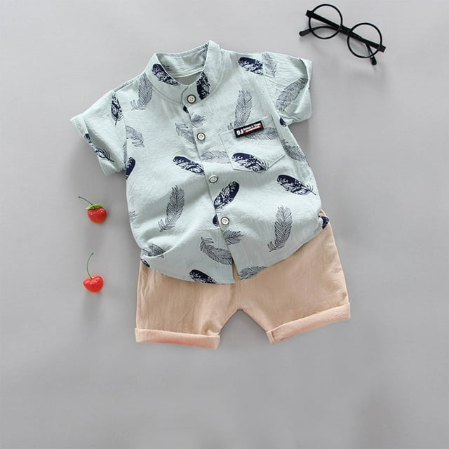 hengsof Children's Two Piece Short Sleeve Leaf Print Button Down Shirt Top and Track Shorts Fashionable Children's Summer Set