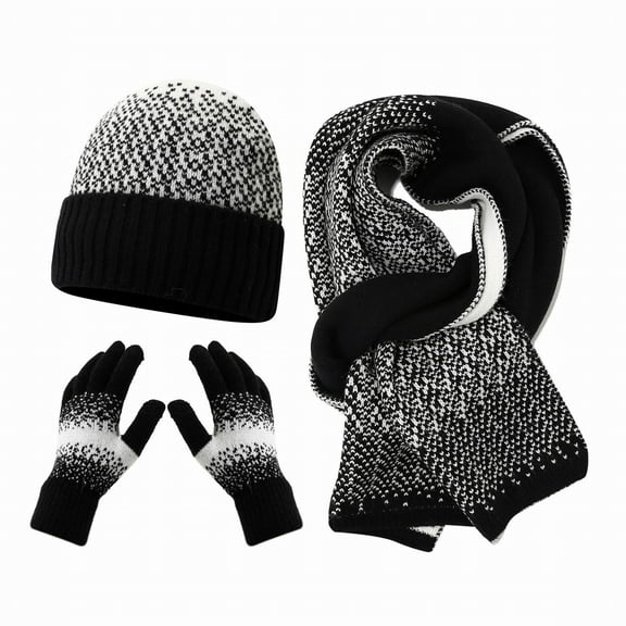 Baberdicy Winter Warm 3-Piece Set, Women & Men Autumn Winter Warm Wool Hat Scarf Gloves Set, Gradient Color Knit Cap with Snowflake Pattern, Fleece Lined Three Pieces for Outdoor Black