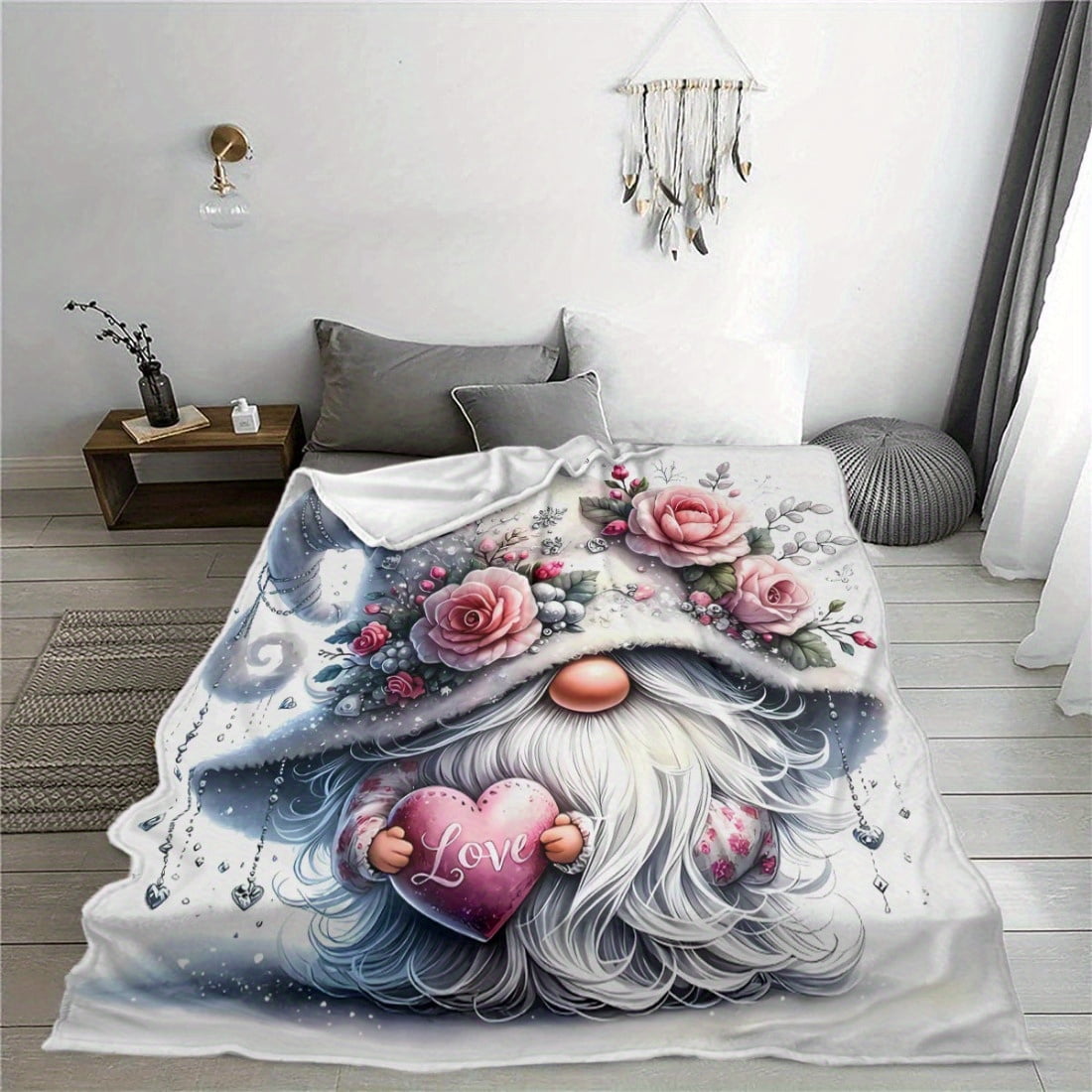 Whimsical Gnome "Love" Plush Fleece Blanket Ultra-Soft Flannel Throw Floral & Heart Design Valentine's & Christmas Gift Hand Wash Only Romantic Gift Item Floral Pattern