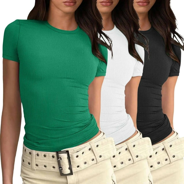 JFHHQ T-Shirt Basique Ajusté pour Femmes, Manches Courtes, Mode Décontractée, 3 Pcs TG Vert
