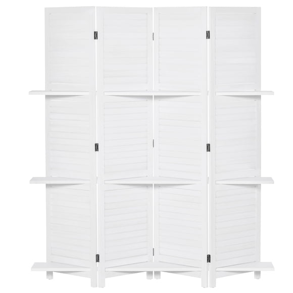 White 4-Panel Folding Room Divider Screen with Shelves | 66.9" Privacy Partition for Living Room, Bedroom, Office & Patio | Paulownia Wood Frame