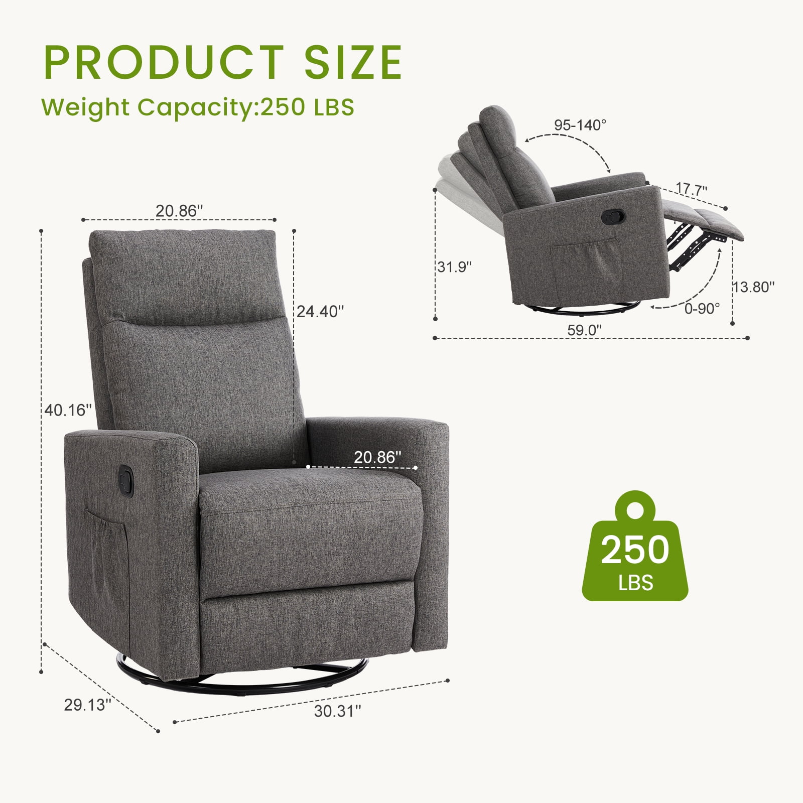 JIOABL Rocking Glider Chair Nursery Seat with Soft Padding & 360° Swivel for Home Soothing Moments, Grey