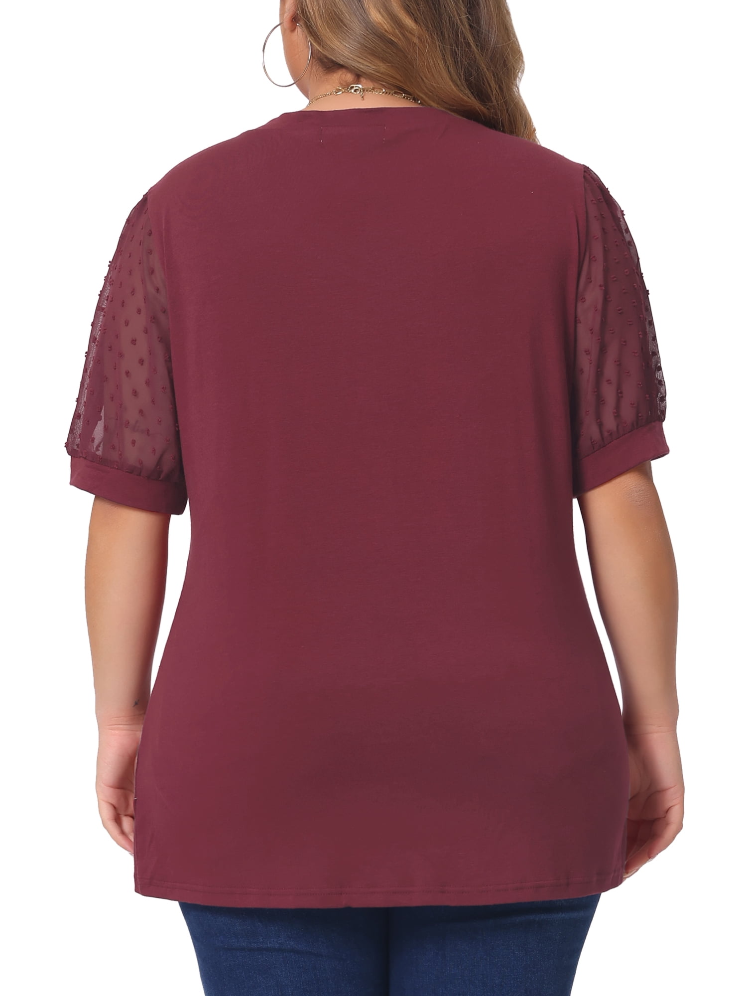 Women's Plus Tops V Neck Swiss Dots Puff Sleeve Casual Blouse Shirt 3X Red