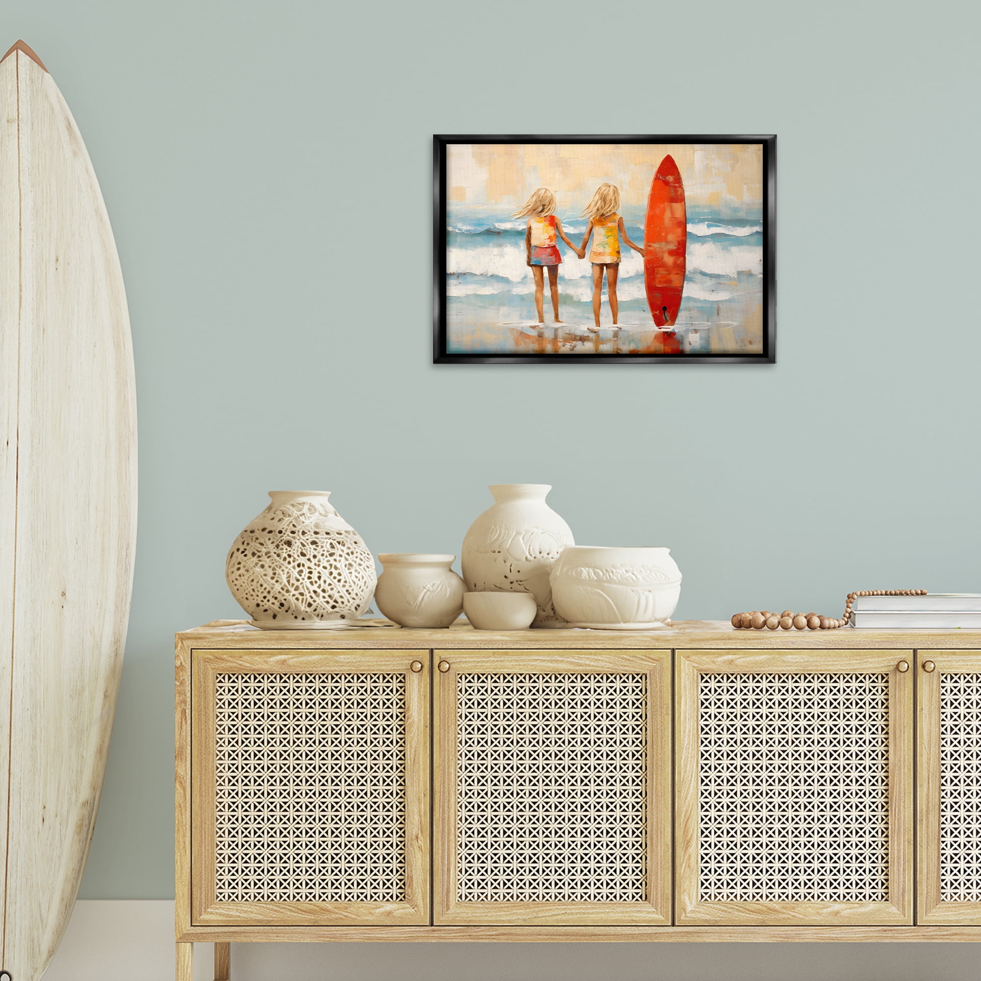 Stupell Industries Kids & Beach Surfboard People Painting Black Floater Framed Canvas Art Print Wall Art, 25 x 17