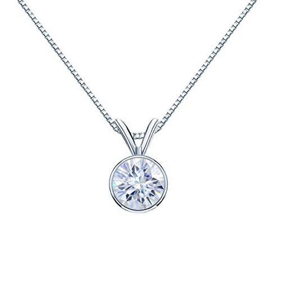 18K White Gold Round Bezel-set Solitaire Moissanite Pendant Necklace (1/2ct TGW, 5mm, G-H Color) 16 to 18-inch by Diamond Wish