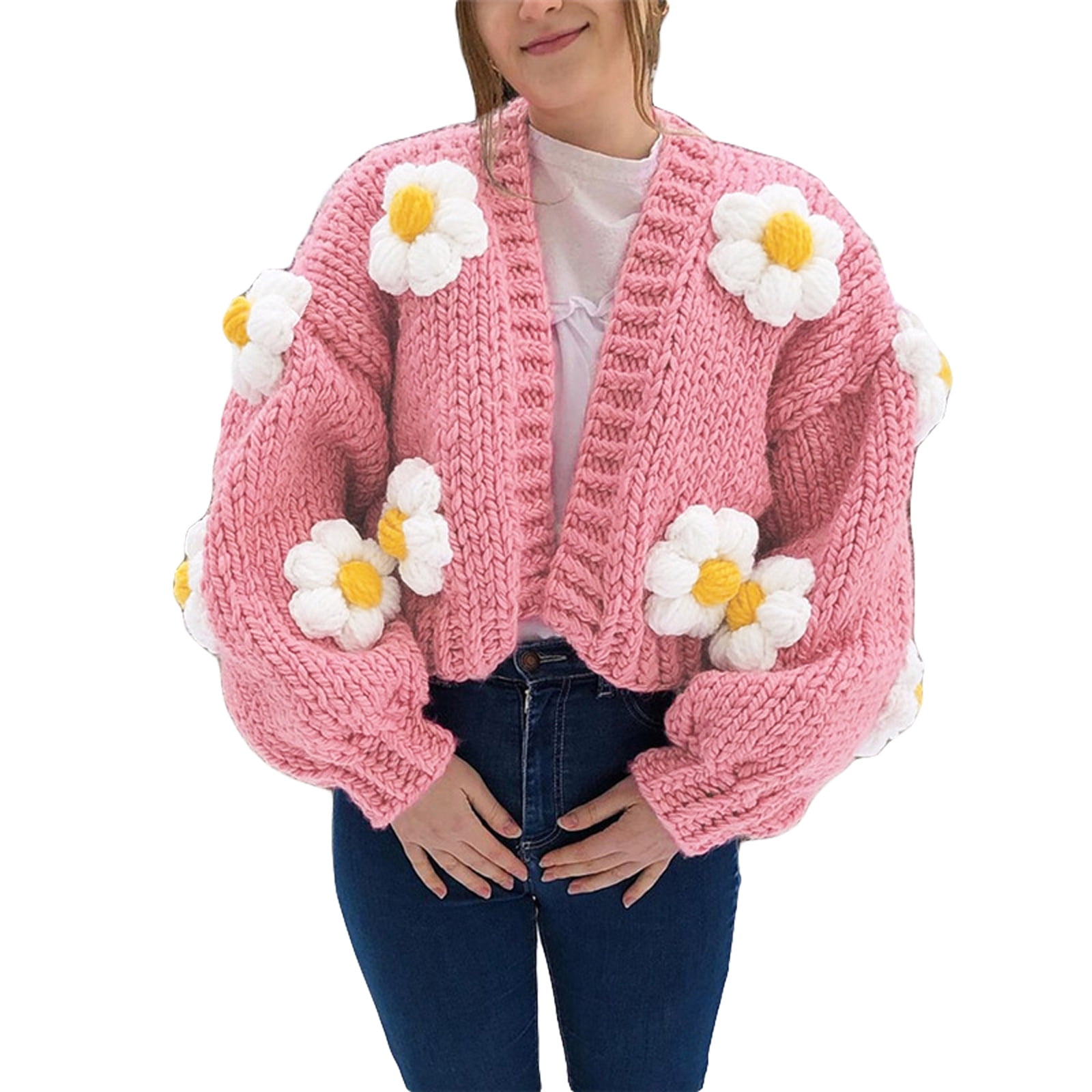 Women Knitted Cardigan, Pink Floral 