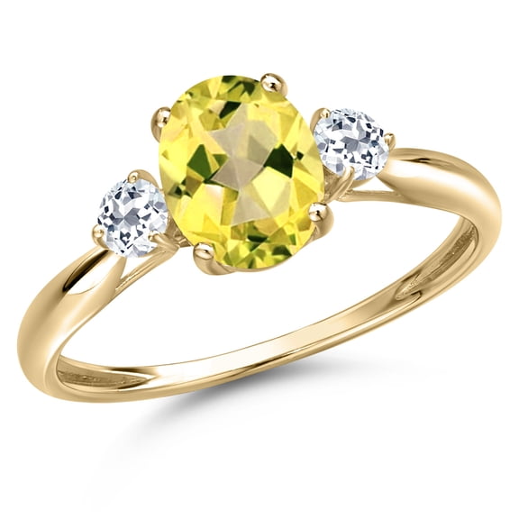 Gem Stone King 10K Yellow Gold Canary Mystic Topaz and White Topaz 3-Stone Ring for Women | 1.84 Cttw | Oval 8X6MM | Gemstone November Birthstone | Size 8