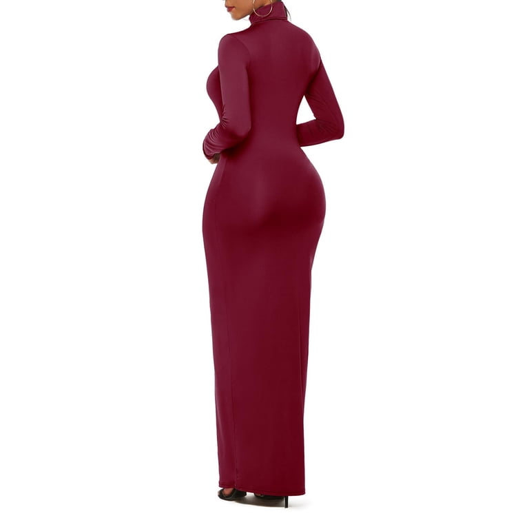 Wyobmus Women Casual Long Sleeve Maxi Dress Solid Color Turtleneck Bodycon  Long Dress A-Burgundy - Walmart.com
