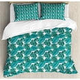 thumbnail image 1 of Aloha Duvet Cover Set King Size, Striped Monochrome Motifs Nature Themed Foliage Forest Leaves, Decorative 3 Piece Bedding Set with 2 Pillow Shams, Turquoise Teal White and Green, by Ambesonne, 1 of 3