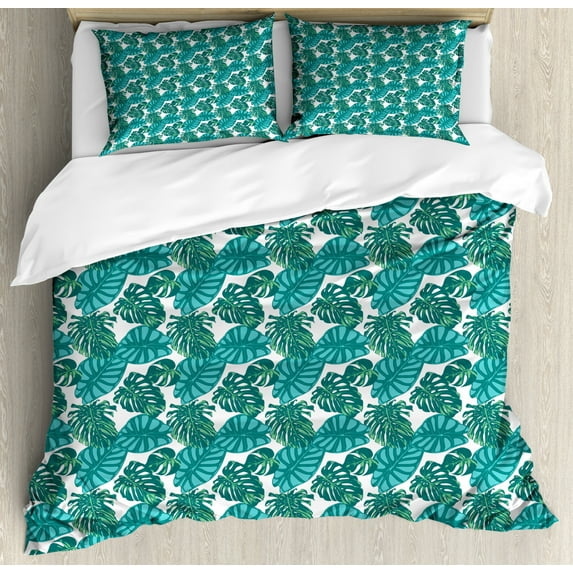Aloha Duvet Cover Set King Size, Striped Monochrome Motifs Nature Themed Foliage Forest Leaves, Decorative 3 Piece Bedding Set with 2 Pillow Shams, Turquoise Teal White and Green, by Ambesonne