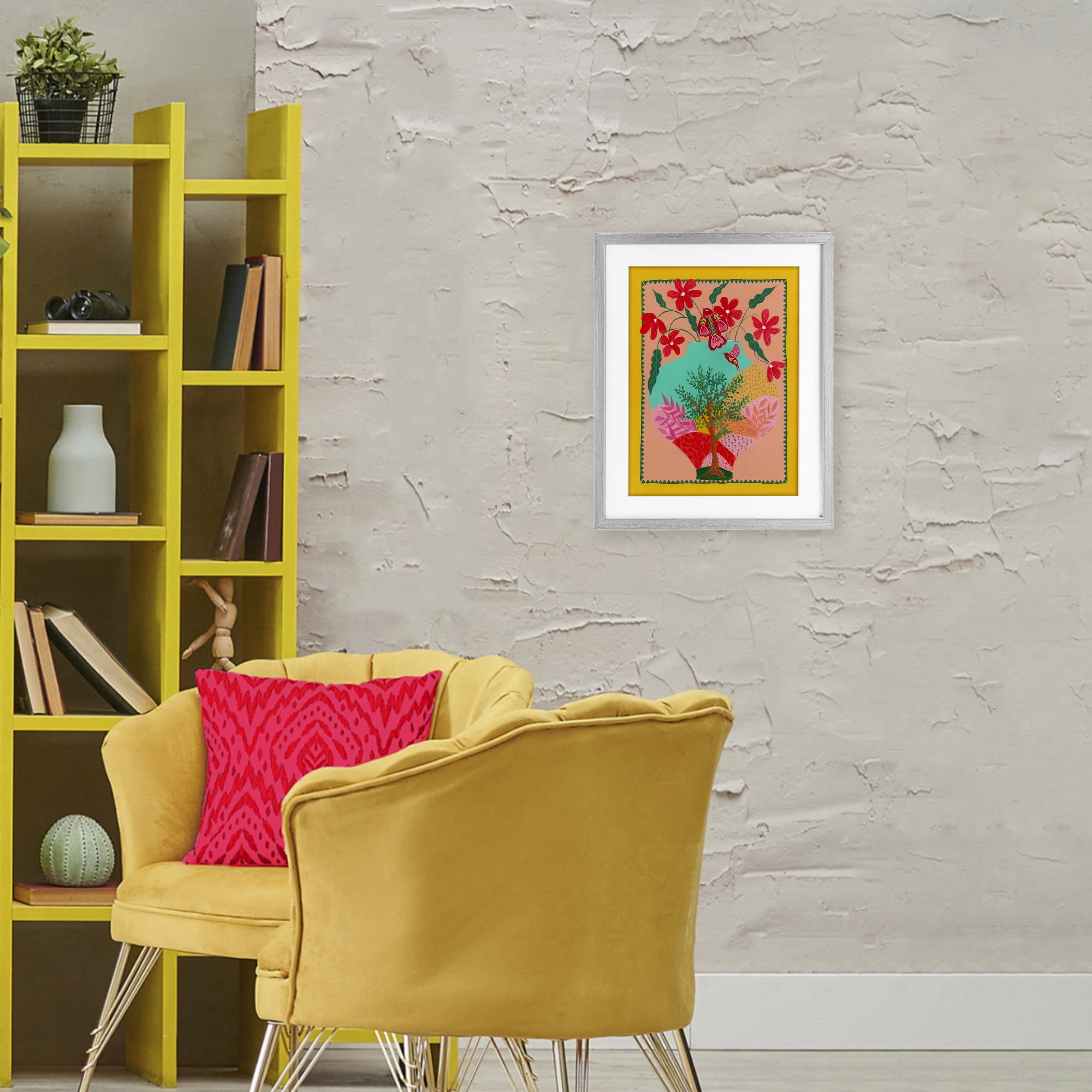 Folk Patterned Hope Vase Gray Framed Print Under Glass, design by Nabeela Rumi