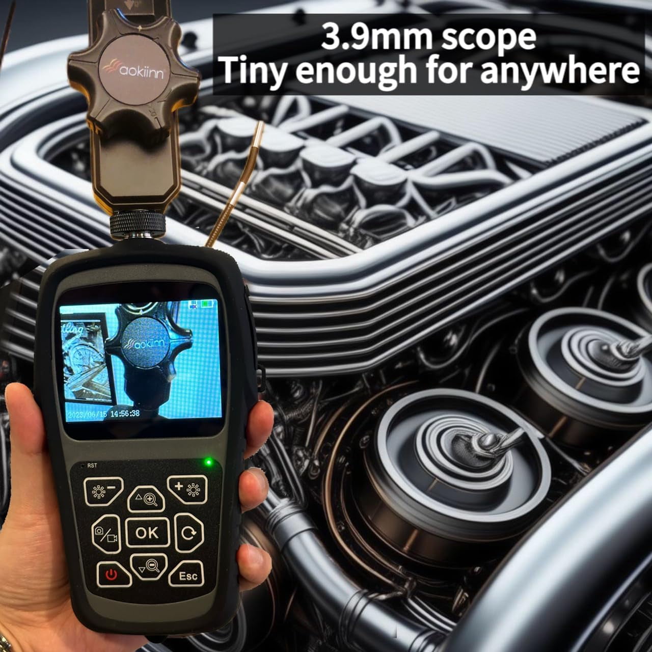 0.15in (3.9mm) Ultra-Thin Two-Way Articulating Turnable Borescope with Dimmable Light, Flexible Cable, Screen Rotation, Waterproof Probe, 3-Step Zoom