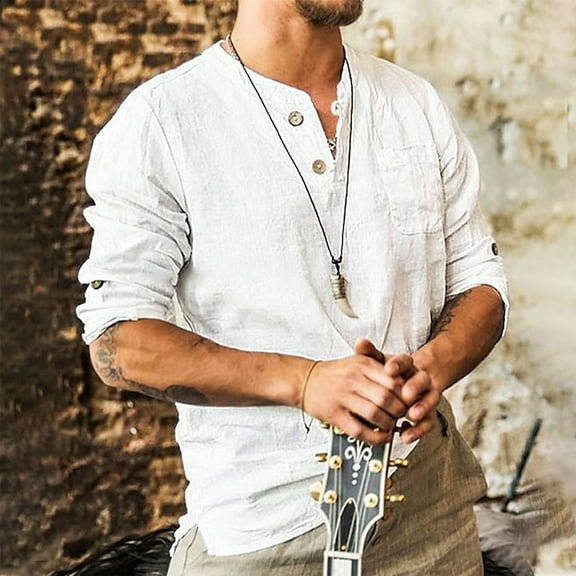 Men's Long Sleeved Shirt Cotton Linen Turn-Down Collar Button Loose Shirt Top Blouse Autumn Long Sleeve Top for Man Fashion