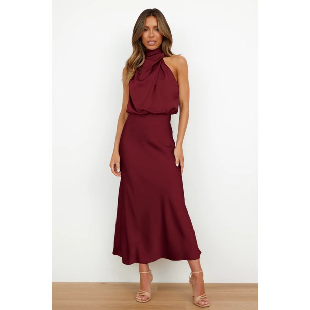 Vestido de satén para mujer con cuello elegante Vestido elegante para mujer Vestido de noche ligero