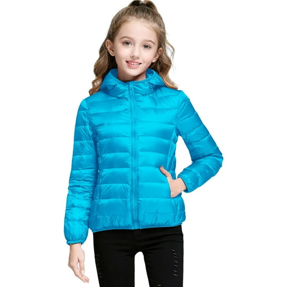 LIJCC Kid Girl's Packable Puffer Jacket Short Down Coat Full-Zip Hooded Quilted Insulated Warm Winter Coat Lightweight Outerwear for Hiking Travel