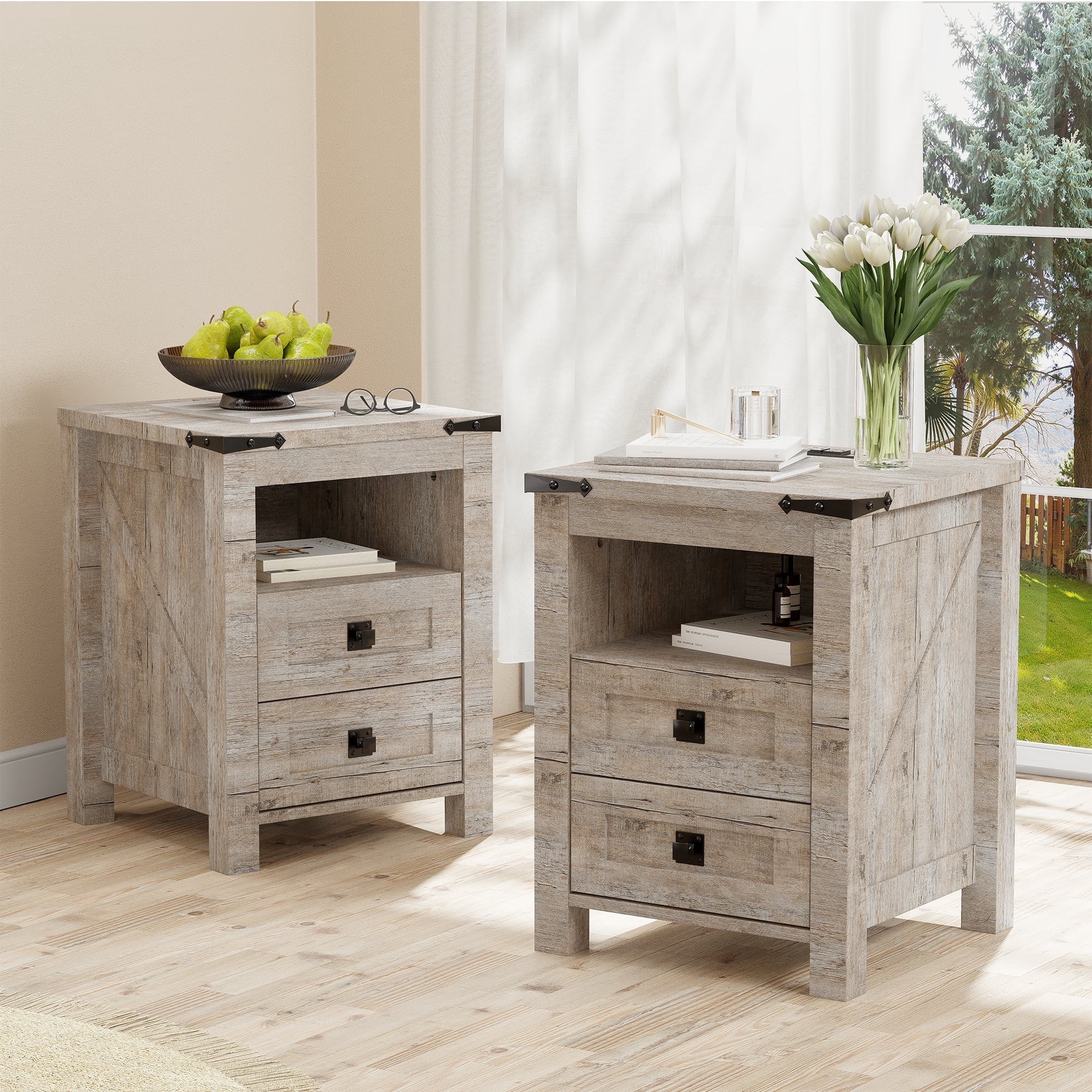 OKD Farmhouse Nightstand Set of 2 with Charging Station, 2-Drawer End Table, Light Rustic Oak