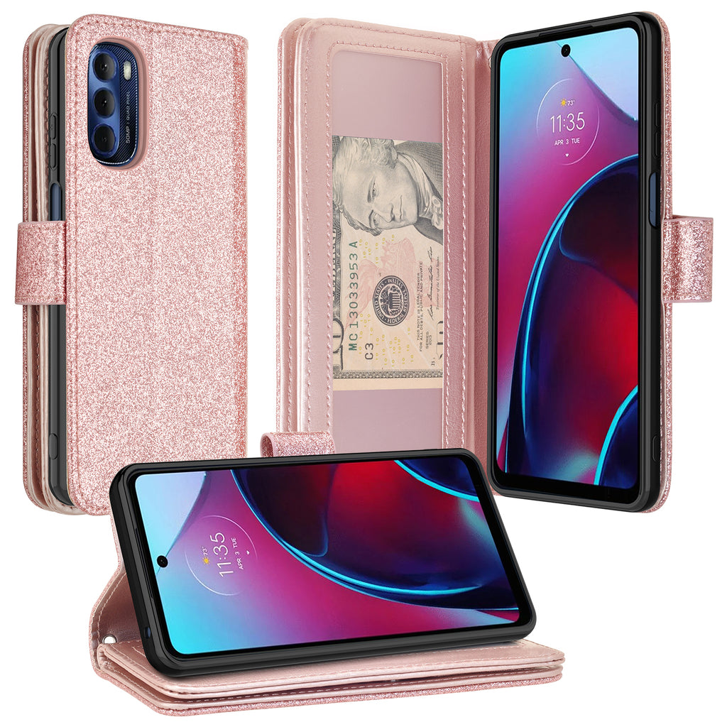 Galaxy Wireless Case Case for Moto G 5G 2022 Phone Case [Kickstand] Leather Wallet Case Cover Pouch for Girls Women - Rose Gold