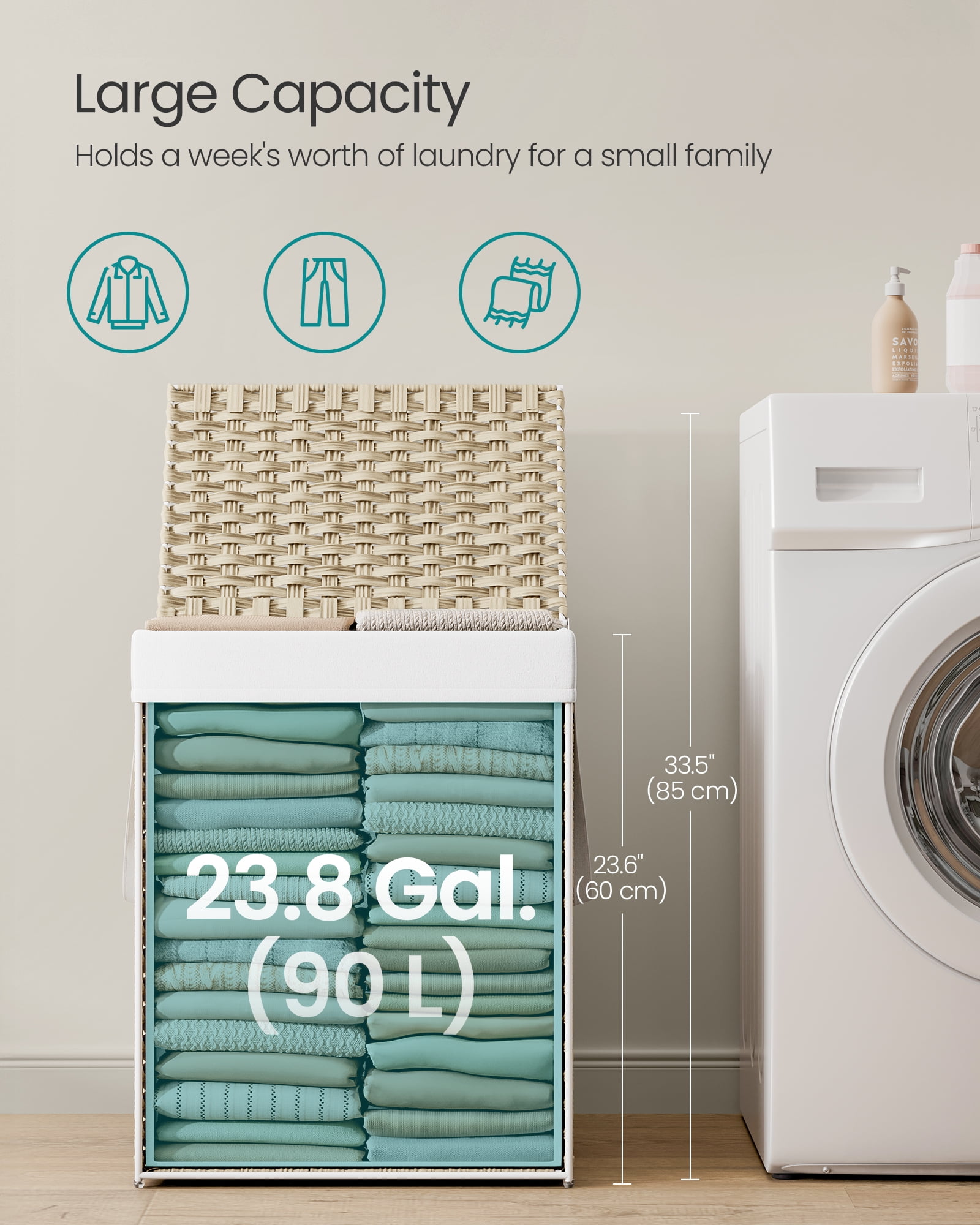 SONGMICS Laundry Hamper with Lid, 23.8 Gallon (90 L) Synthetic Rattan Clothes Laundry Basket with Lid and Handles, Foldable, Removable Liner, Summer Sand