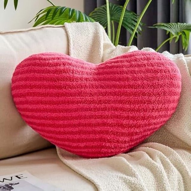 wonima44 Hot Pink Heart Pillows, 15.7" Cute Heart Decorative Pillow, Stripe Heart Shaped Plush Throw Pillows for Bed