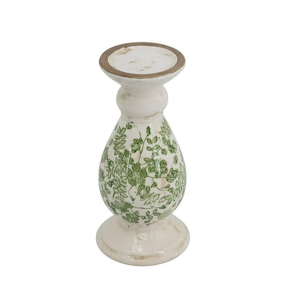 A&B Home White Ceramic Pillar Candleholder with Green Floral Motif 4.7" x 4.7" x 10"