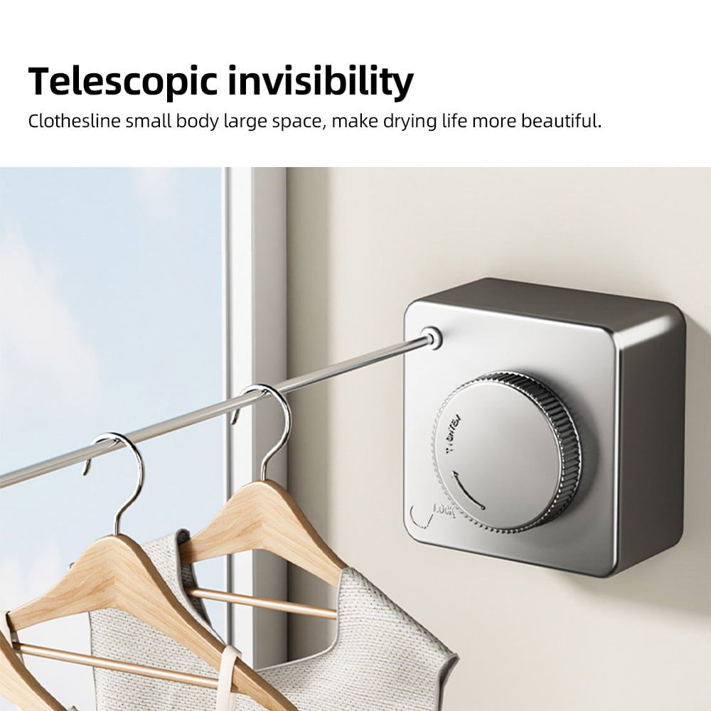 Corde à Linge Rétractable Murale 4,8 M - Acier Inoxydable, Supporte 20 Kg, Installation Adhésif Ou Vis - Pour Intérieur/extérieur