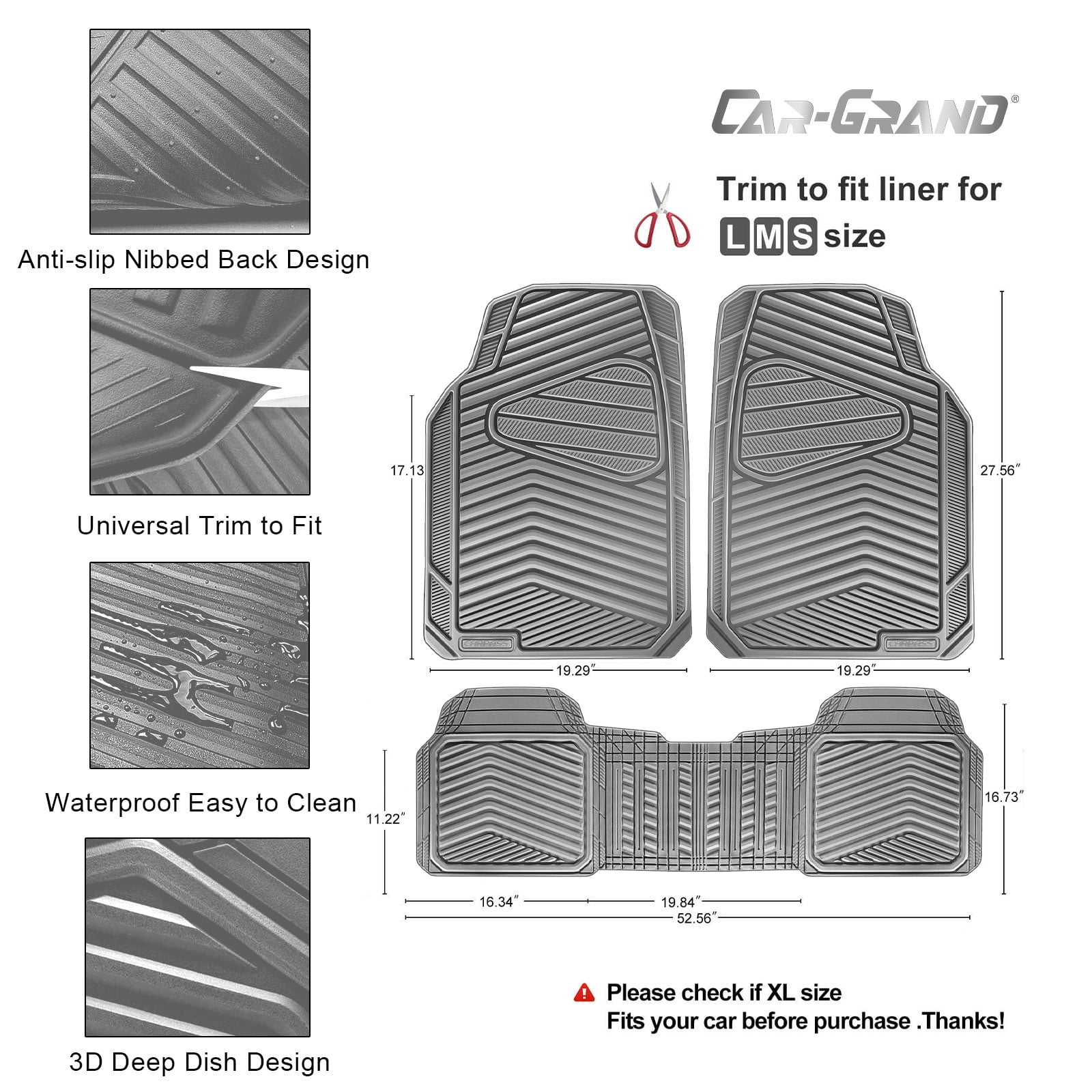 CAR GRAND Rubber Car Floor Mats, All Season All Weather Waterproof Automotive Mats Full Set 4 Pieces, Trim to Fit for Cars Sedans SUVs Trucks, Anti-Slip Easy Clean, All Gray