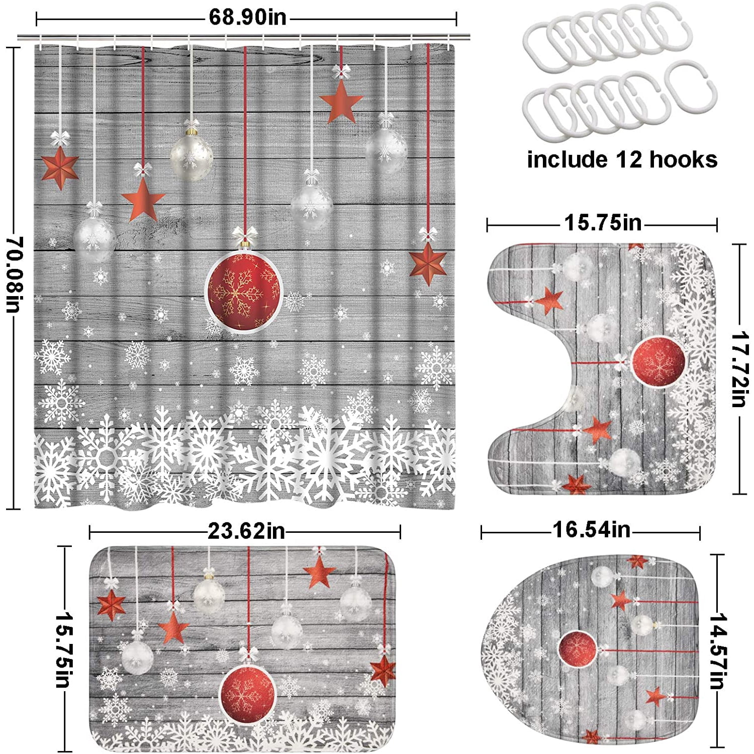 FRAMICS Christmas Shower Curtain Sets with Rugs, Xmas Snowflake Stars Bathroom Sets, Silver Gray Vintage Waterproof Fabric Shower Curtain with 12 Hooks and Toilet Rugs