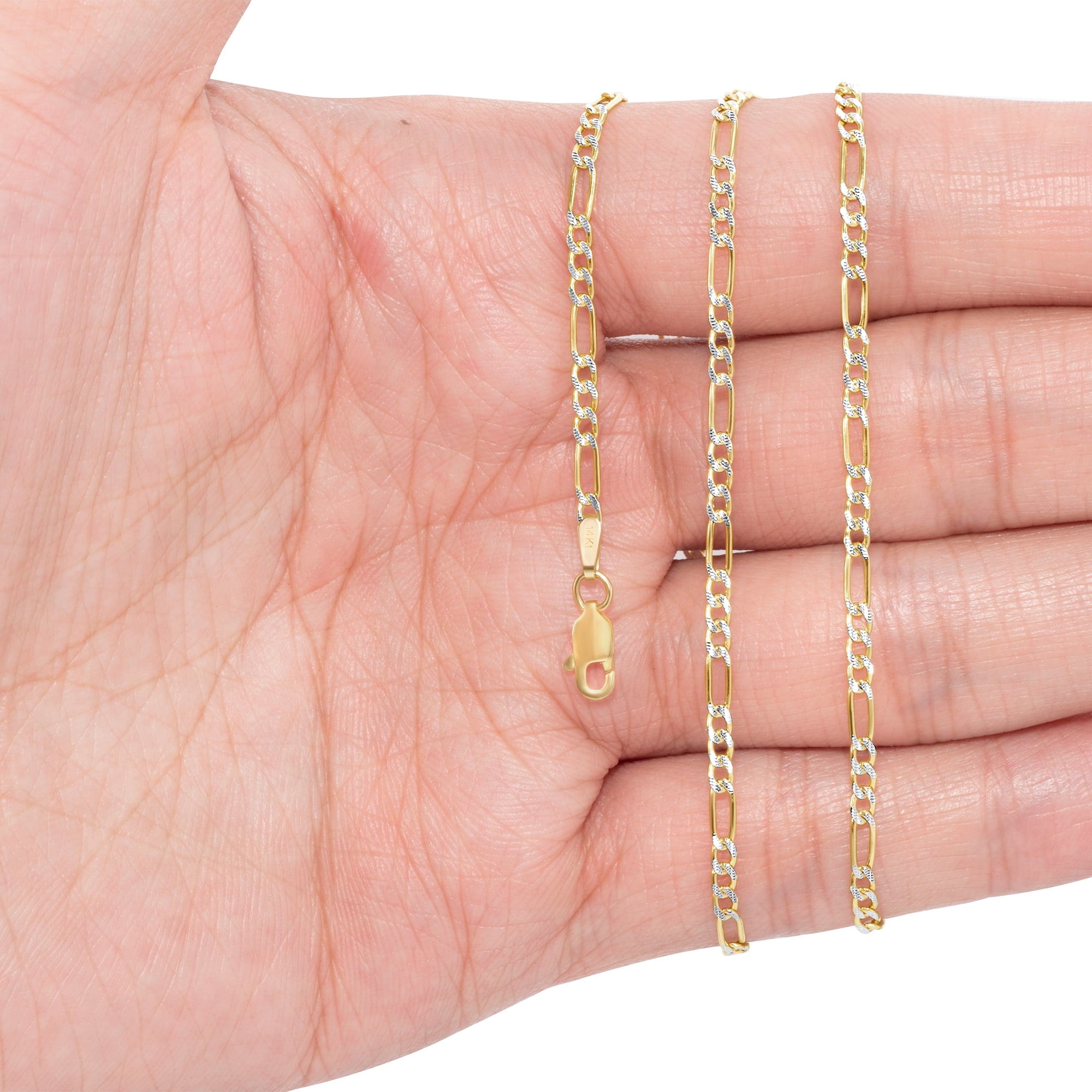 Nuragold 14k Real Yellow Gold Solid Figaro Link 2.5mm Diamond Cut Pave Chain Necklace (16"-26") Two Tone Italian Jewelry for Men & Women