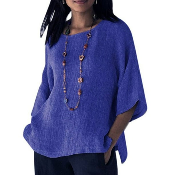 Qarigey Ropa de mujer Camisa de cuello de manga 3/4 Top casual de lino de algodón de manga 3/4 Prendas para la parte del cuerpo Azul 5XL