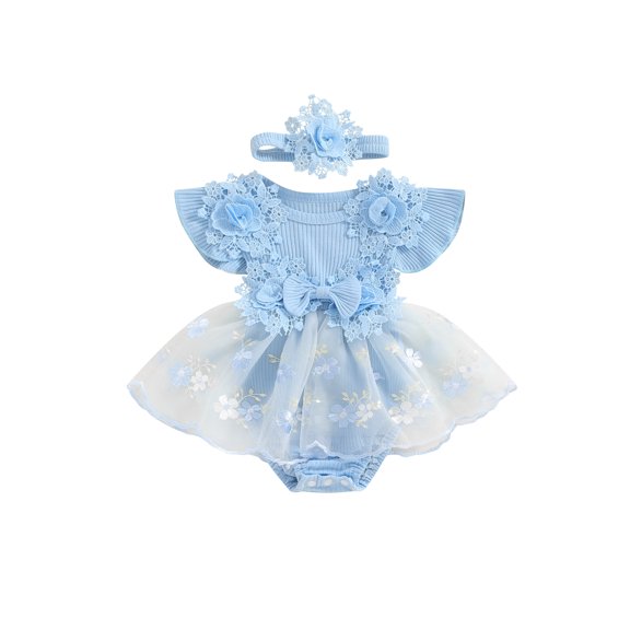 BemeyourBBs Baby Girls First Birthday Outfit 1st Birthday Party Dress Newborn Fairy Tulle Tutu Romper Dress Summer Clothes Floral Embroidery Bodysuit Cake Smash Dresses Headband