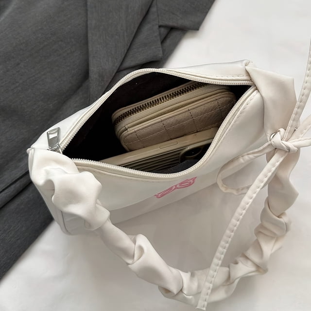 Women's Pleated Shoulder Bag, Casual Style, Simple Design With Butterfly Embroidery, White Underarm Bag