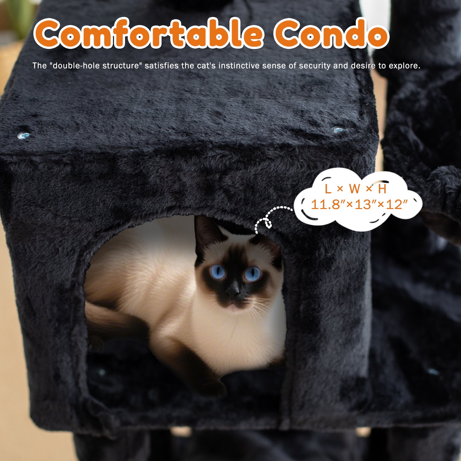 Senbonry 49in Gothic Cat Tree Tower for Indoor Cats with Scratching Posts, 9 Inchs Tunnel, Condo, Basket, Pompoms,Black