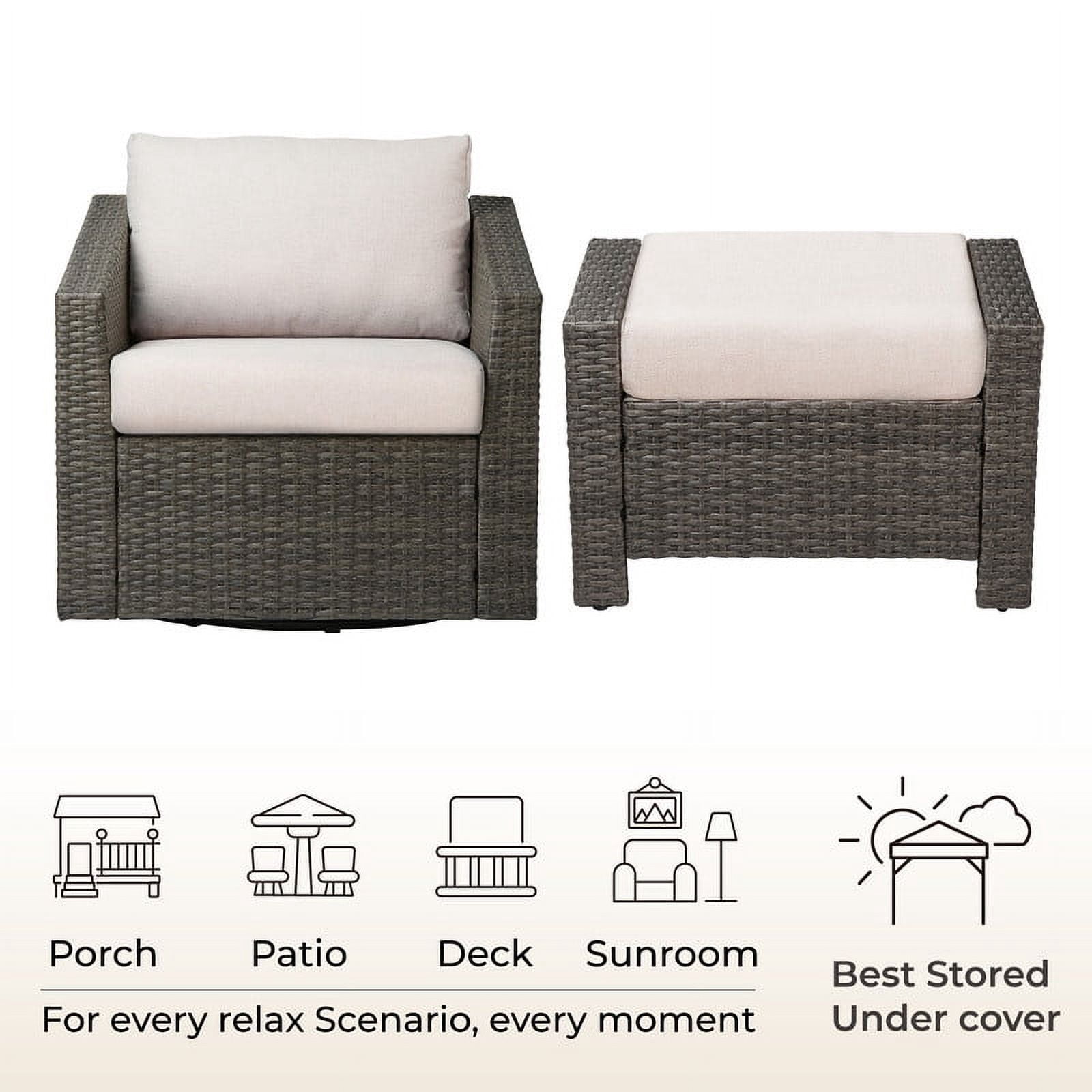 CHITA Outdoor Swivel Gray Wicker Chair and Ottoman with Cushion, Cream