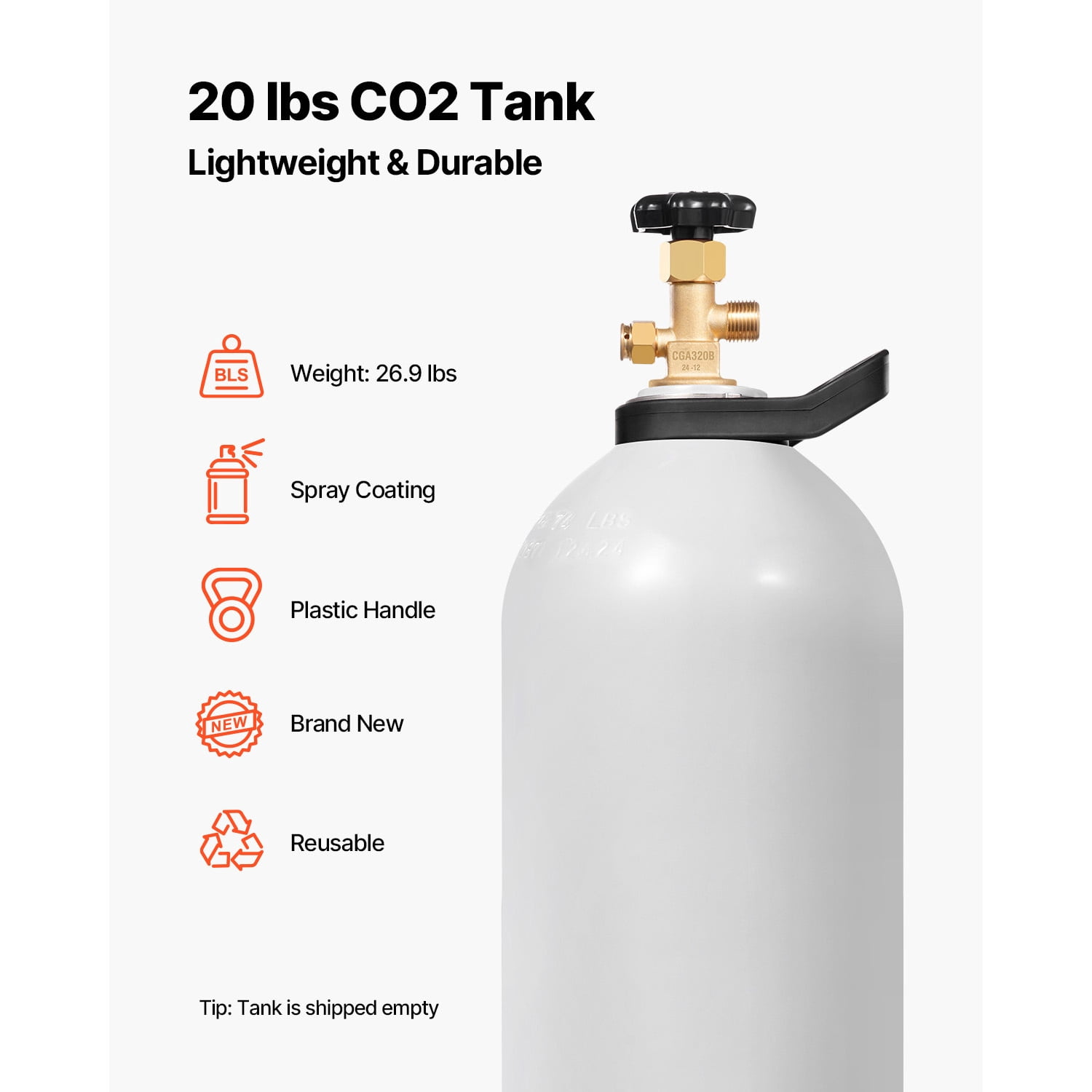 KFFKFF CO2 Container, 20 lbs Fresh Aluminum Alloy Chamber, CO2 Air Cylinder with Light Mist Covering, CGA320 Valve, Handle & Violet Copper Suction, DOT Certified Chamber for Draft Beer Serving