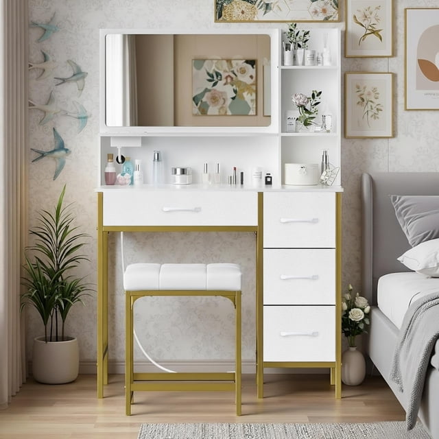 Vanity tocador grande con 4 cajones en cuero blancos,Tocadors Vanity con Espejo , Con toma de corriente,con 1 cuero taburete tapizado, Ideal para Recámara, Sala de Estar, Vestidor 90x40x133CM