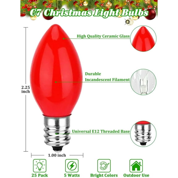 YUYAN-25 Pack C7 Ceramic Christmas Replacement Bulbs, Red Light Bulbs for E12 Candelabra Base Outdoor Christmas String Lights, 5 Watts