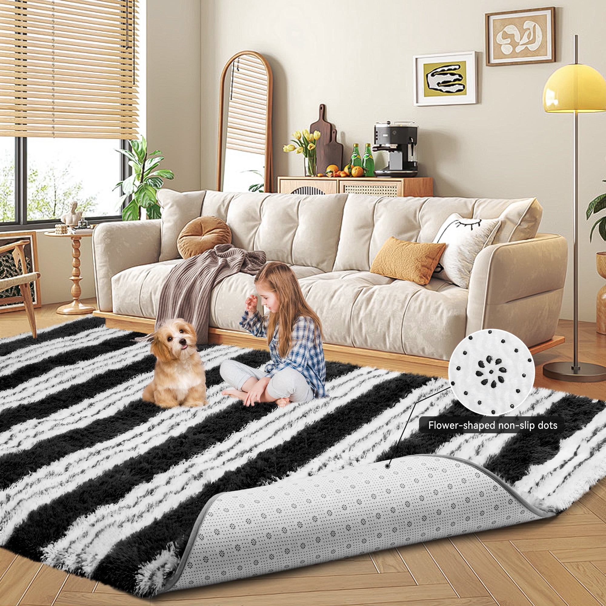 CozyDesg Soft Area Rugs for Living Room Bedroom,Large Rug Fluffy Fuzzy Shag Shaggy Soft Plush Carpet,Indoor Floor Carpet for Dining Room Home Decor,Black & White