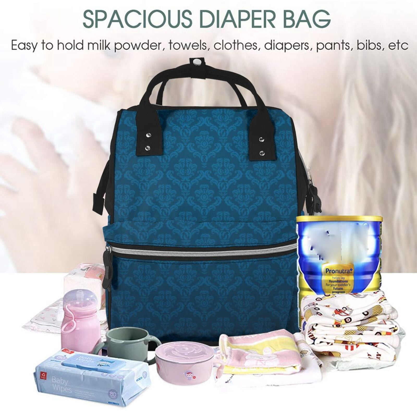 Ratiio Dark Blue Mummy Backpack - Waterproof Twill Canvas, Large Capacity Diaper Bag with Multiple Pockets and Adjustable Straps