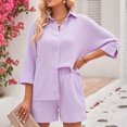 thumbnail image 5 of Virmaxy Womens Stylish Outfit 2 Piece Set Fashion Solid Color Shorts Set Casual Long Sleeve Fold Over Collar Button Down Shirt Top Purple S, 5 of 8