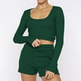 thumbnail image 7 of Womens 2 Piece Outfits Long Sleeve U Neck Crop Top and Shorts Matching Lounge Set Loungewear Sweatsuit Pajama Set, 7 of 7