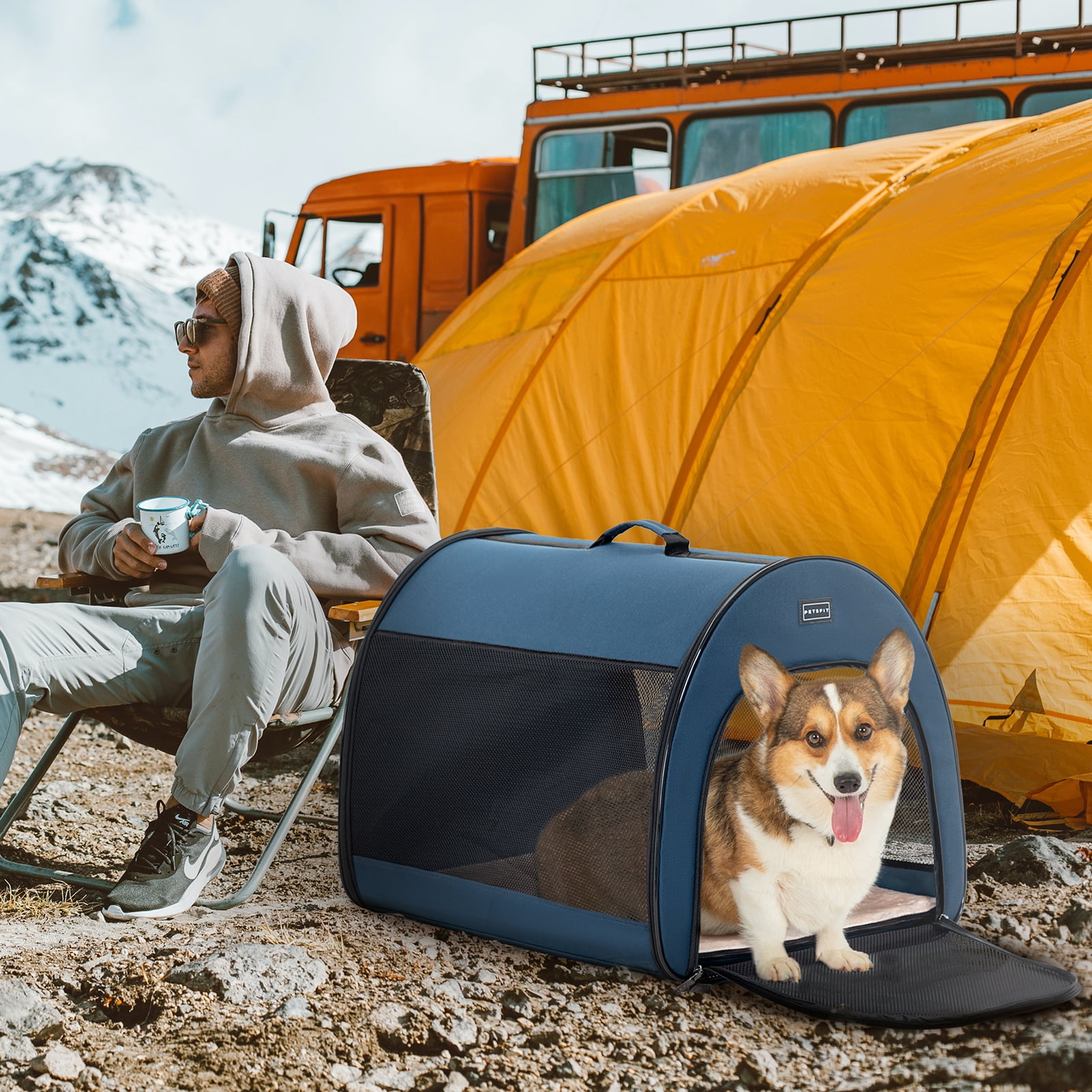 PETSFIT Soft Sided Dog Crate, Travel Dog Crate - 19 Inch Lightweight, Roomy, Easy to Set Up, Portable Pop Up Dog Carrier with Thick Mat, Sturdy Portable Dog Crate，Navy Blue，Small