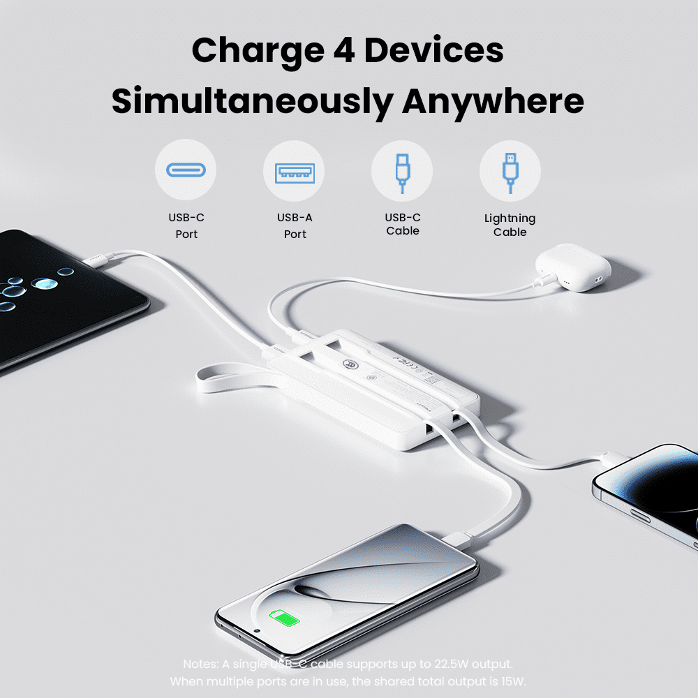 PISEN 3C Certified Power Bank - 10000mAh 22.5W Power Bank with Built in Cable, Travel Battery Pack Portable 3C Charger with LED Display, Portable Charger with Built in Cable for iPhone, Samsung