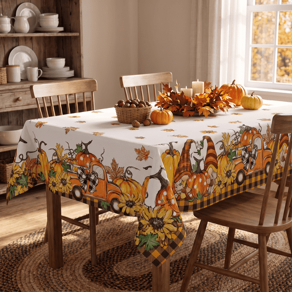 Sm:)e Truck Gnome Pumpkins Buffalo Plaid Fall Tablecloth 60x84 Inch, Table Cover for Party Picnic Dinner Decor