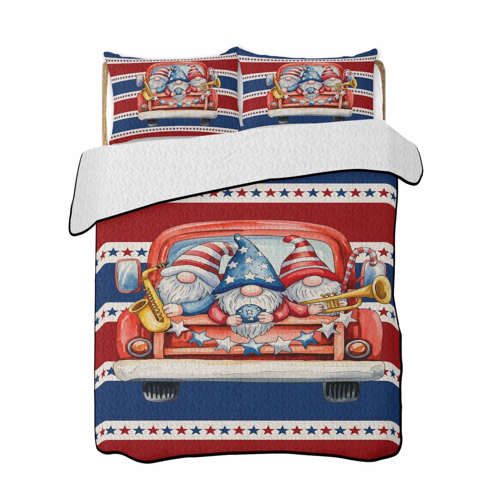 Quilts Queen Size Bedding Set Patriotic Gnomes Reversible Summer Quilt 3 Pieces Independence Vintage Blue Red Striped Lightweight Bedspreads Coverlets with 2 Pillow Shams for All Seasons